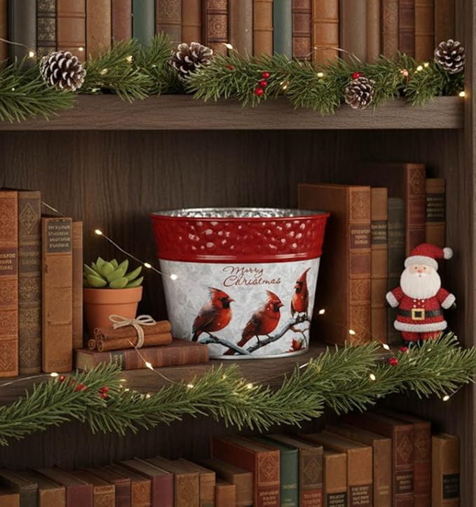 Napco 5 inch Rustic Metal Merry Christmas Cardinals Pot Cover with Indented Red Rim Festive Christmas & Holiday Decor