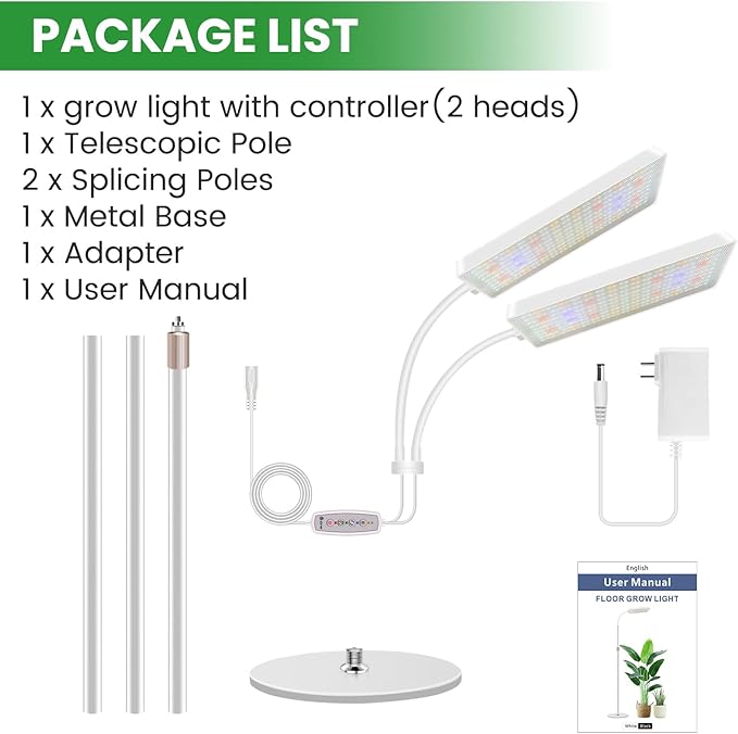Wiaxulay Grow Lights for Indoor Plants, 306 LED Full Spectrum Plant Light with Stand, Height Adjustable 24-68 in for Growing Large Tall Plants, 4/8/12/16H Timer,3 Lighting Modes,5 Brightness (2 Heads)