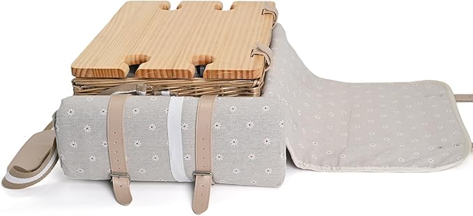 Multifunctional Wicker Picnic Basket Set for 4 with Blanket and Picnic Table, Insulated Picnic Set with Full Tablewares for Camping Outdoor Couples, Flowers