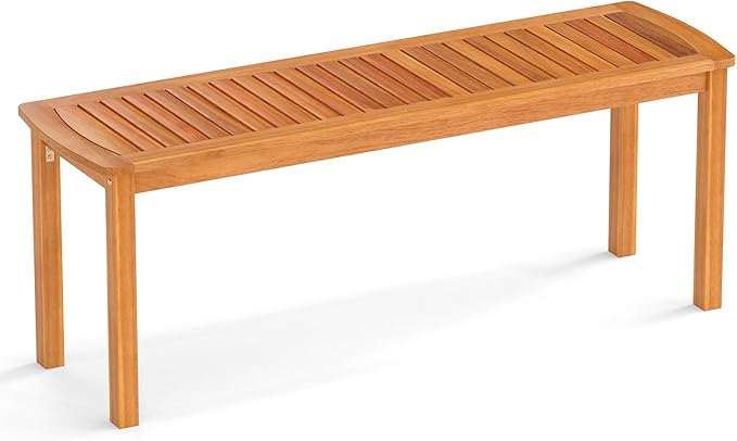Tangkula Acacia Wood Outdoor Bench, 47" Patio Dining Bench with Slatted Seat, Backless Wooden Garden Bench, Farmhouse Furniture for Garden, Entryway, Poolside, Front Porch, Balcony, Park & Deck