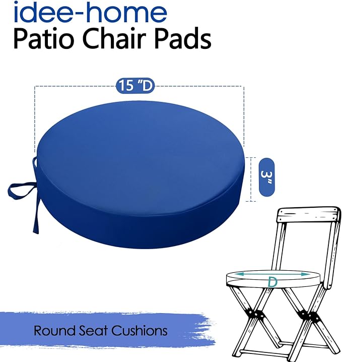 idee-home Outdoor Bistro Chair Cushions, 15”x15”x 3” Thick Outdoor Round Seat Cushions Set of 2 with Ties, Waterproof Round Patio Furniture for Garden