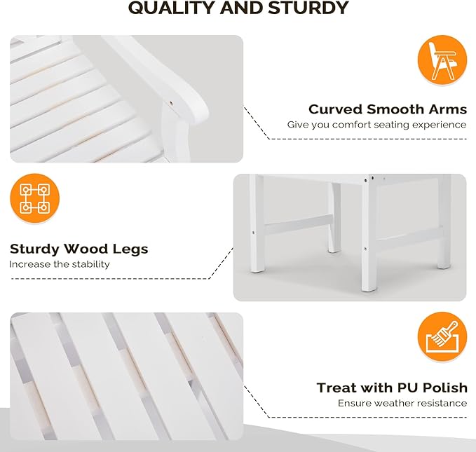 VINGLI Outdoor Dining Chairs Set of 2, Heavy Duty 330 LBS Wooden Patio Chairs with Comfortable Backrest, Solid Wood Patio Dining Chairs Garden Chairs for Yard, Front Porch and Deck (White, 2 PCS)