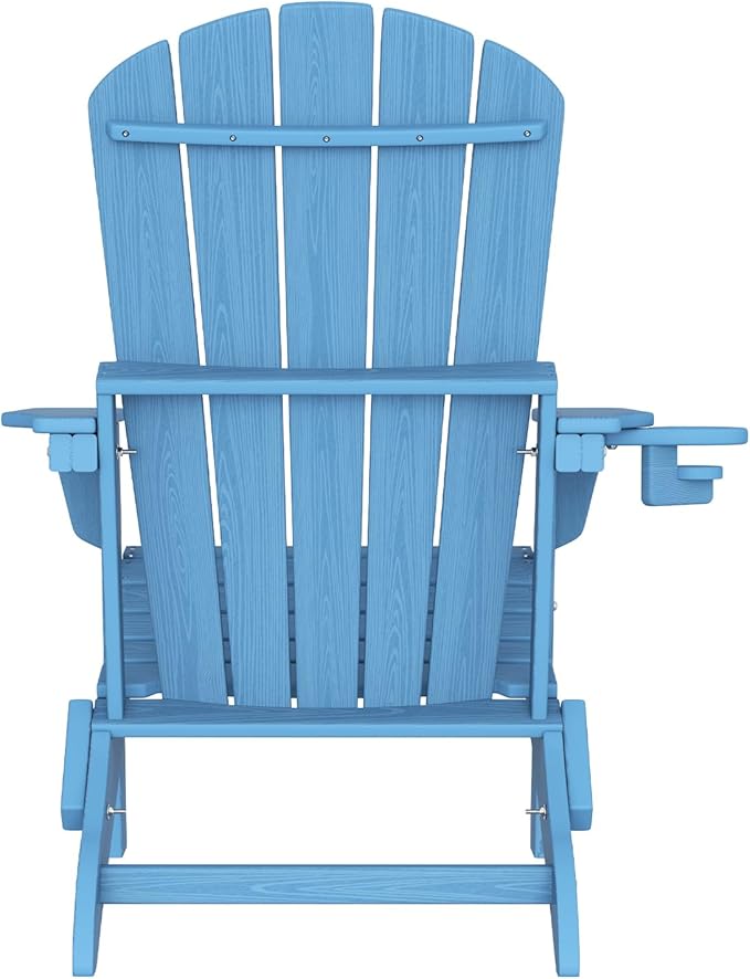 Plawdlik Folding Adirondack Chair Set of 6 with Cup Holder,Wooden Textured ,Heavy All-Weather HDPE Comfortable Set Poolside Backyard Lawn, Light Blue