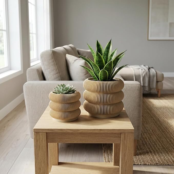 Fabix 4.7/6" 3D Printed Plant Pots - Unique Bubble Ring Modern Planters for Indoor Plants, Durable -Friendly PLA Flower Pots with Drainage for Succulents, Cactus, Home Office Décor. (Wood)