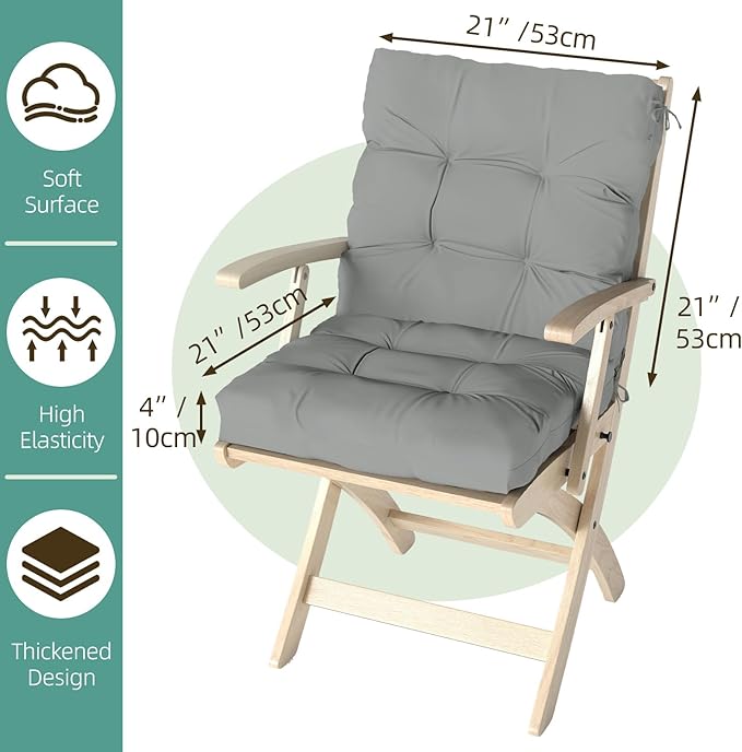 Outdoor Chair Cushions Set of 2, 42x21x4 Inch Patio Cushion for Dining/Rocking Chairs, High Back Soft Seat Pad with Ties, Indoor Outside Use, Fade-Resistant & Waterproof, Light Gray
