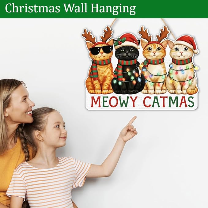 Christmas Cat Gifts Door Hanger for Cat Lover, Meowy Catmas Door Decoration Sign