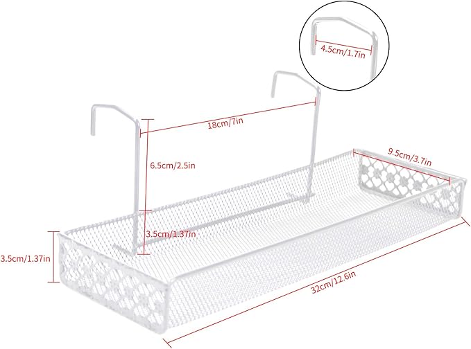 Chris.W Iron Hanging Shelf Basket with Hooks Balcony Succulent Plants Mini Flower Pot Holder Railing Shelf, for Patio Porch or Fence (White)-Small