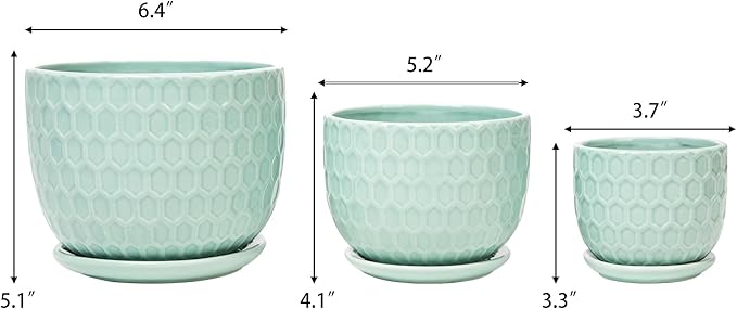 Ceramic Flower Pots with Drainage Hole and Saucer, Modern Round Succulent Planters with Honeycomb Inspired Texture Design, Small to Medium Sized, Set of 3, Green