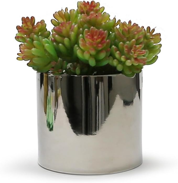 WGVI Silver Ceramic Cylinder Vase Width 5.5" Height 5", Flower Arrangements, Candle Holder, Terrarium Planter Pot, Storage Container Organizer, Pen Brush Holder, Smooth Silver Tabletop Decor, 6 Pc