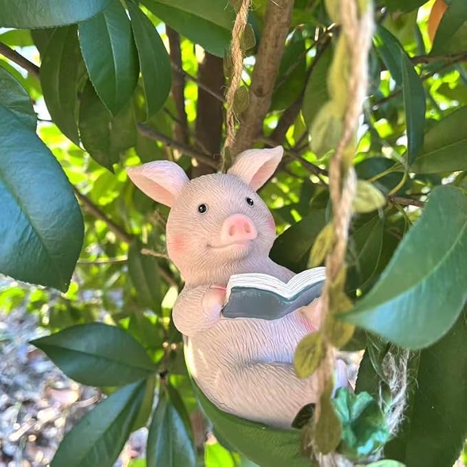 Hanging Hammock Swing Pig Figurine Statues for Garden Decor, Sleeping Reading Pig Tree Hanger for Yard Garden Indoor Outdoor Home Decoration