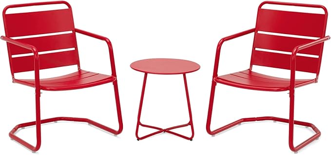 MELLCOM 3 Piece Patio Set, 2 C-Spring Retro Metal Patio Chairs and Round Side Table, Outdoor Bistro Set for 2 Idea for Balcony, Front Porch, Poolside, Deck, Indoor, Red