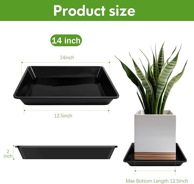 6 Pack Square Plant Saucer 14 Inch, Black Durable Thick Plant Pot Dish for Flower Pot, Plastic Plant Tray to Catch Water for Indoor Outdoor