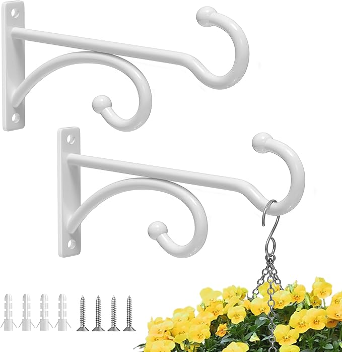 pickpiff 6-Inch Planter Hooks for Hanging Plants - Plant Hanger Hook Indoor Outdoor, Plant Wall Hooks, Brackets for Hanging Plants, Baskets, Wind Chime, Bird Feeder, Bird House (White, Metal, 2 Pack)