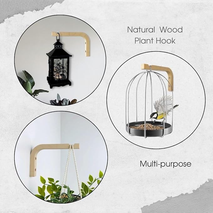 EvenWood 2-Piece Set of Plant Hooks for Wall 6 inch - Mounted Wooden Plant Hook - Indoor and Outdoor Bracket Plant Hanger for Planters, Lanterns, Bird Feeders, Patio Decorations (Natural)