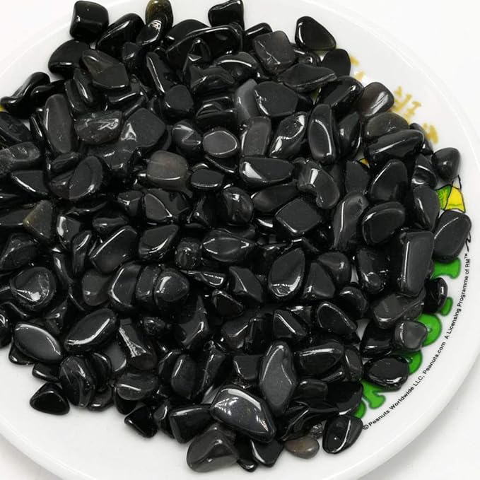 IMALY Black Obsidian Tumbled Chips Stone Polished Crushed Healing Crystal Quartz Pieces Irregular Shaped Stones for Home Decorative Stones Vases Plants Succulents 0.5lb