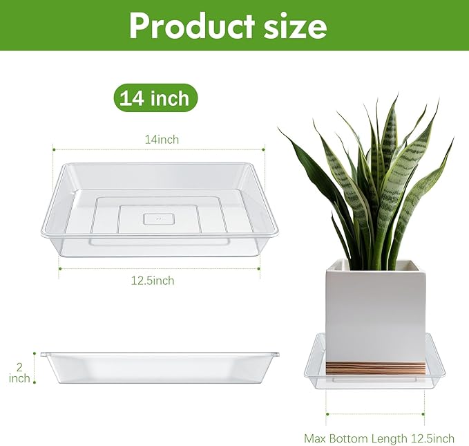 6 Pack 14 Inch Square Plant Saucer, Clear Durable Thick Plant Pot Dish for Flower Pot, Plastic Plant Tray to Catch Water for Indoor Outdoor
