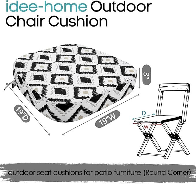 idee-home Outdoor Chair Cushions Set of 2, 19" x 19" x 3" Thick D-Shaped Patio Furniture Outdoor Seat Cushions Waterproof with Ties, Dining Pads