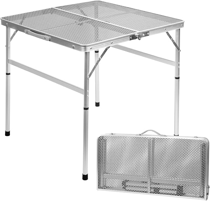 Square Folding Card Table with Adjustable Height (12" & 26"), Silver Portable Metal Mesh Table for Camping, BBQ, Picnic, Game, Patio & Indoor Use, Fits 2–4 People, Lightweight 7.6 lb, Supports 66 lb