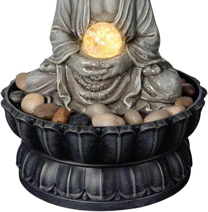 Kalona Tabletop Buddha Waterfall Fountain, Meditating Buddha Zen Fountain with LED Glass Orb, Relaxing Desk Water Feature for Home Office Decor(21127B)