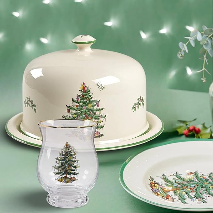Spode Christmas Tree Hurricane Pillar Candle Holder, Glass Flower Vase, Terrarium Planter, Decorative Centerpiece, Use for Floating Tealights, Home Display, Holiday, 6.5”