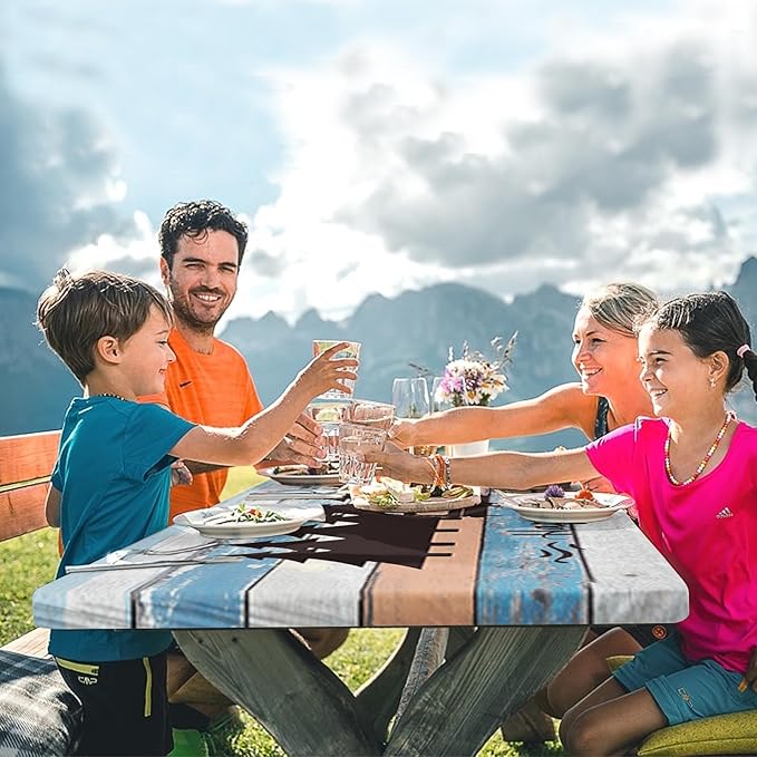 Picnic Table Cover with Bench Covers Elastic Edges, Blue Camper Fitted Table Cover, Outdoor Patio Camping Essentials 72 Inch 3PCS, Waterproof Camping Fitted Tablecloth with Drawstring Bag