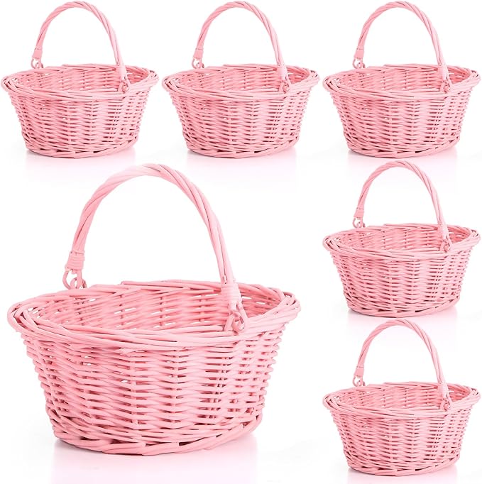 Barydat 6 Pcs Small Wicker Picnic Basket with Handle Flower Girl Baskets Oval Willow Woven Braided Gift Basket for Easter Weddings Baby Shower Home Garden Decor (Pink,9" x 7" x 4")