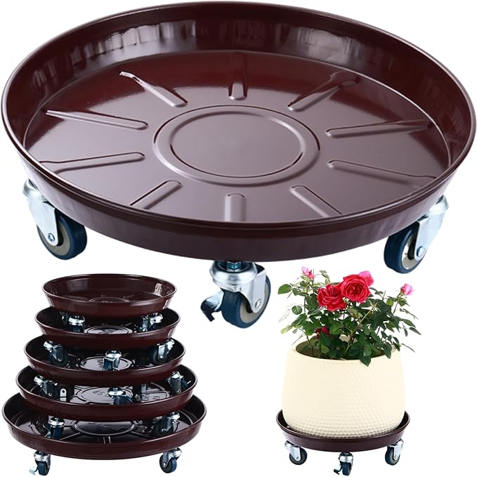3 Packs Metal Plant Caddy with Wheels 16" Rolling Plant Stand Heavy Duty Plant Dolly with Casters for Indoor and Outdoor Large Planter Casters Potted Plant Mover, Dark Coffee
