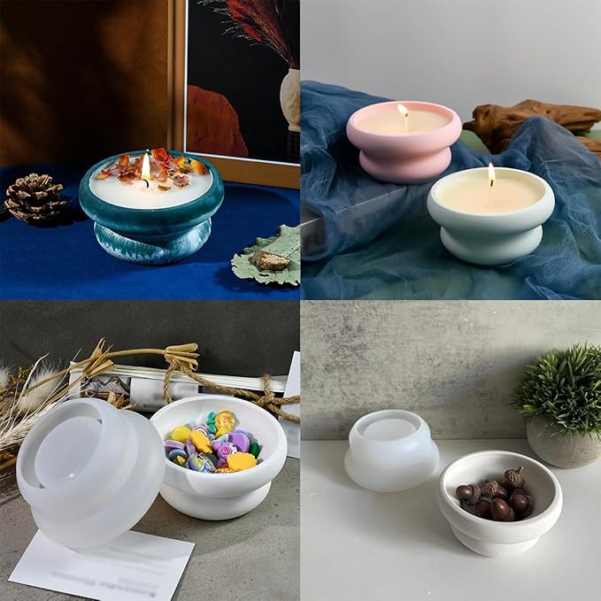 2 PCS Geometric Round Silicone Molds Unique Candle Holder Molds Double Round Container Mold Succulent Planter Jewelry Trinket Tray Plate Mould Epoxy Casting Moulds for DIY Art Craft Home Decor