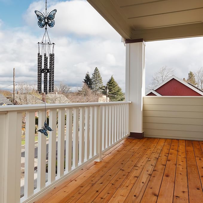 32'' Unique Butterfly Wind Chime for Outside Clearance, Garden Metal Windchimes for Outdoors Patio Decor(Black Blue)