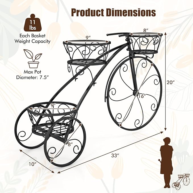 Giantex Metal Bicycle Planter, 3 Tier Tricycle Flower Plant Stand w/ 3 Decorative Wheels, Parisian Style Flower Display Stand Cart for Home Decor Patio Garden Flower Shop Indoor Outdoor