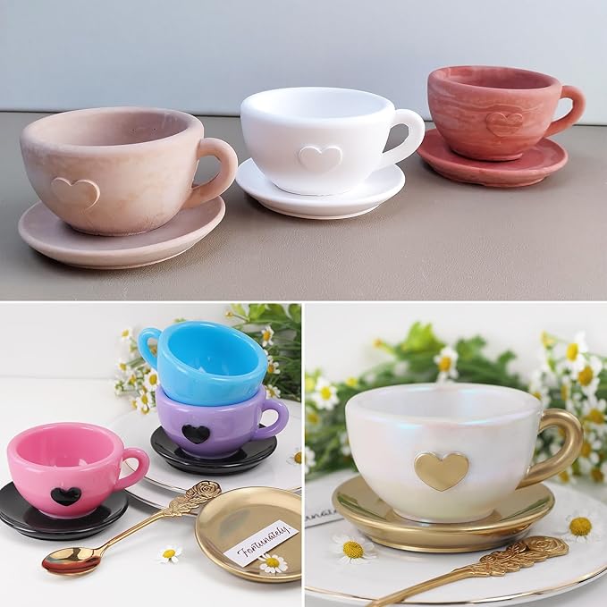 Wehous Tea Cup and Saucer Shape Silicone Mold Set, Creative Resin Container Storage Jar Coaster Tray, Jewelry Trinket Holder Epoxy Resin Concrete Mold for Table Home Decoration
