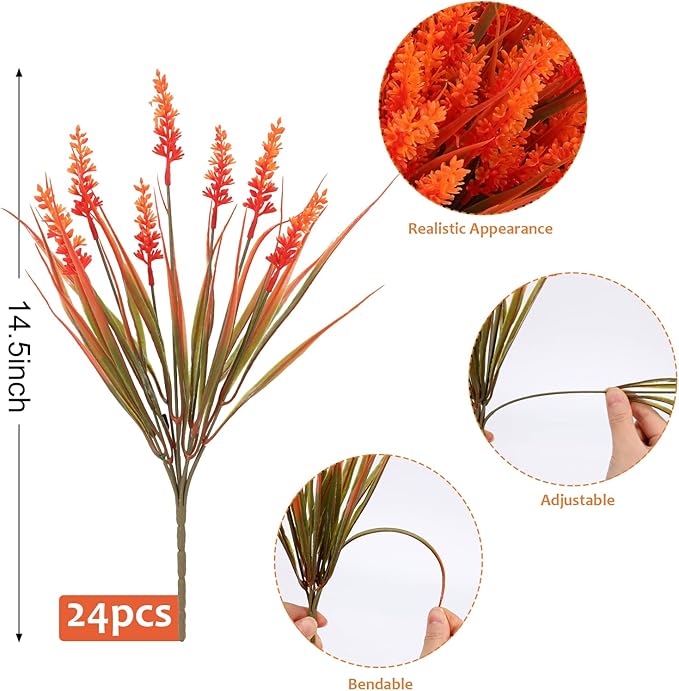 Geegoods 24 Bundles Artificial Fall Flowers Outdoor – Faux Lavender Flowers with Monkey Grass UV Resistant Plastic Faux Plants for Garden Porch Patio Home Decor, Autumn-red Color (Pack of 2)