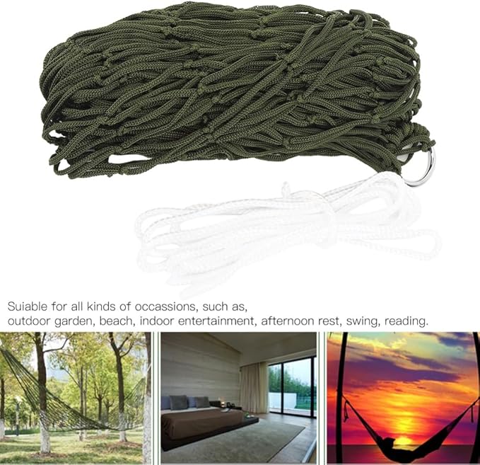 Outdoor Camping Hammock Single Person Breathable Nylon Mesh Net with Rope Lightweight Compact for Hiking Beach Garden Travel(Green)