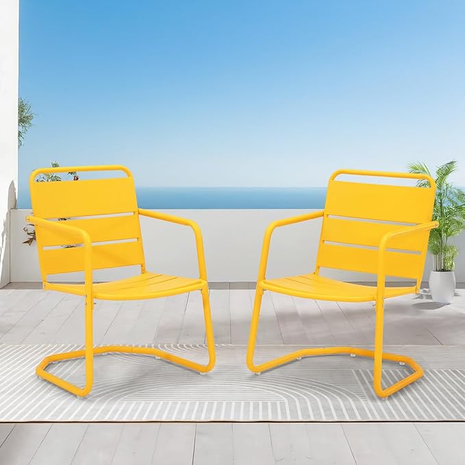 MELLCOM Patio Chairs Set of 2, Small Patio Furniture Set - 2 C-Spring Metal Chairs, Outdoor Bistro Set for Balcony, Front Porch, Poolside, Garden, Deck, Yellow