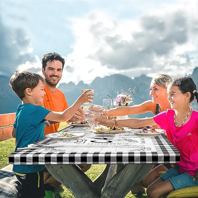 Picnic Table Cover with Bench Covers Elastic Edges, Farm Plaid Fitted Table Cover, Outdoor Patio Camping Essentials 72 Inch 3PCS, Waterproof Camping Fitted Tablecloth with Drawstring Bag