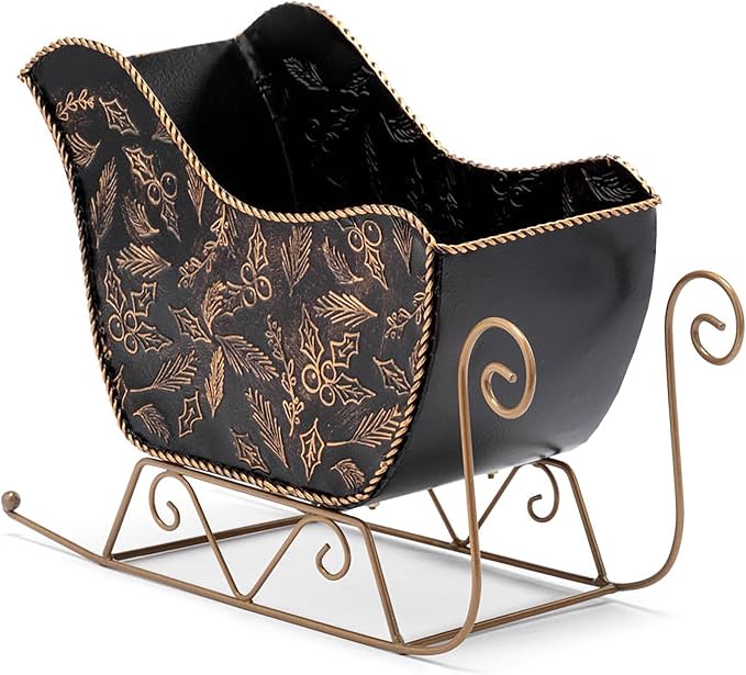 Napco Holly Leaf Embossed Sleigh - 11.75 x 8.5 Inch Black and Gold Metal Holiday Planter Figurine