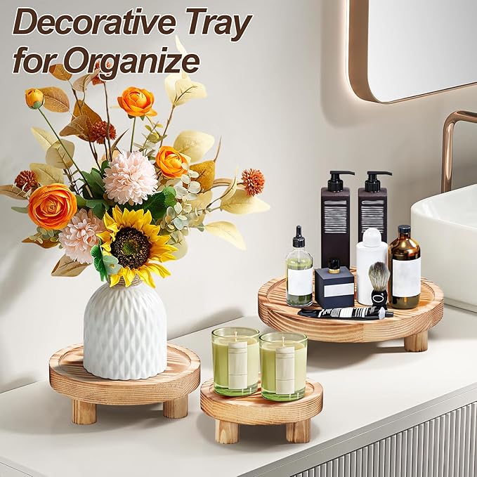 3 Pcs Wood Plant Stand Indoor Outdoor, Wooden Stool Display Stand 5/6/8" Round Riser Flower Pot Holder with Raised Edge Small Planter Tray Modern Potter Decorative for Garden Desktop Home Table Counter Room (Natural)