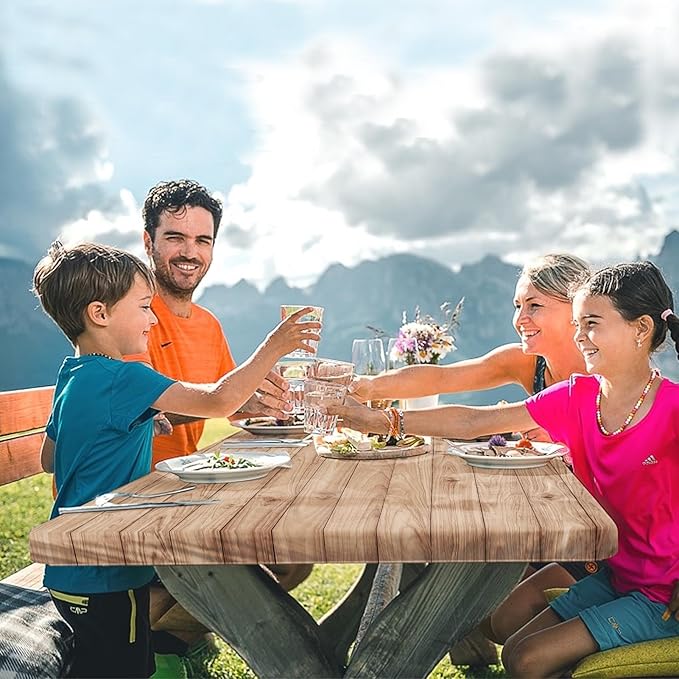 Picnic Table Cover with Bench Covers Elastic Edges, Brown Wooden Fitted Table Cover, Outdoor Patio Camping Essentials 72 Inch 3PCS, Waterproof Camping Fitted Tablecloth with Drawstring Bag