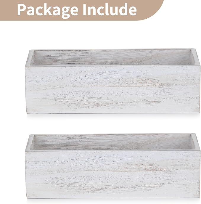 NUPTIO Wooden Box Centerpiece for Table: 2 Pcs 11.8" Long Wood Rectangle Planter Boxes - Farmhouse Washed White Planters for Fall Wedding Dining Living Room Window Mantel Table Decor