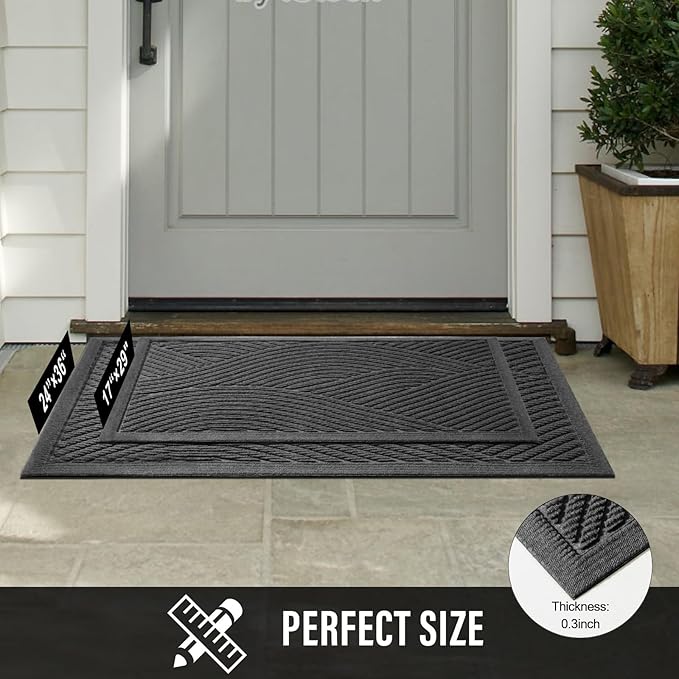 Sturdy Front Door Mat, Absorbent Muddy Dirt Resist Welcome Door Mats Outdoor Indoor, Stain and Fade Resistant, Non-Slip Backing Entry Mat Low Profile Doormat for Entryway, 29×17, Grey