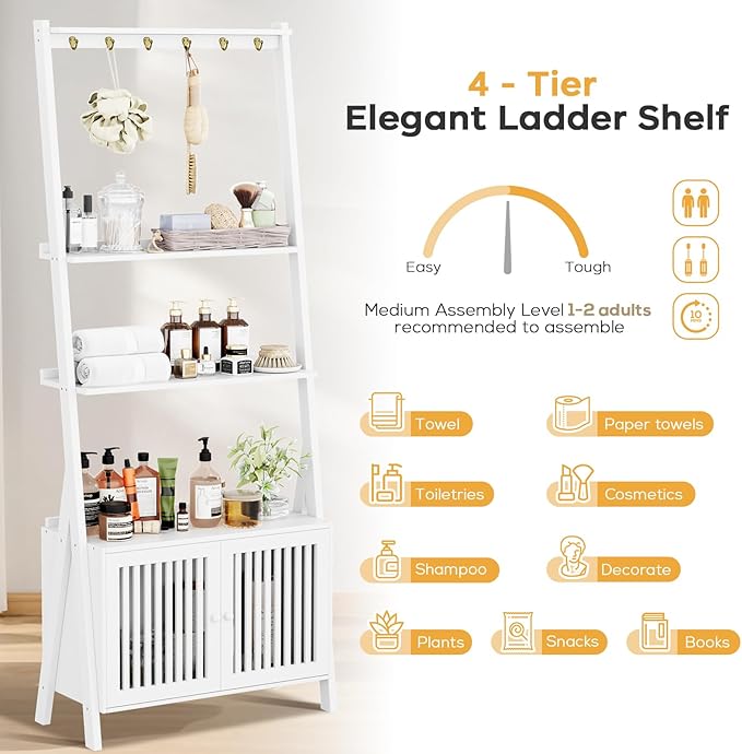 4-Tier Ladder Shelf with Drawers, Ladder Bookshelf with 6 Hooks, Tall Narrow Retro Bookcase, 24.8"L x 10.6"W x 59.5"H, Freestanding Storage Shelf for Living Room, Home Office, Bedroom, White