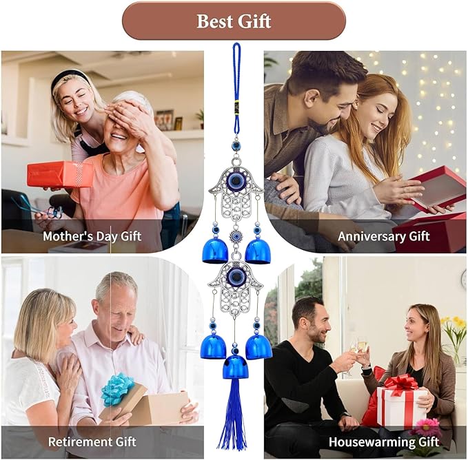 BWINKA Blue Evil Eye Hanging Decoration Ornament Metal Wind Chimes for Home Garden Gift Decoration (Eye-Double)