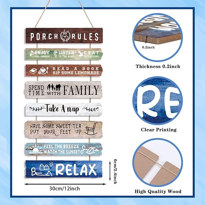 HLNIUC Porch Rules Wall Decor,Relax Sign Wooden Plaques,Inspirational Hanging kits,Family Positive Sayings Wooden Wall Art set of 8(19x12inch) Farmhouse Decor For Garden Yard Porch Home Decor