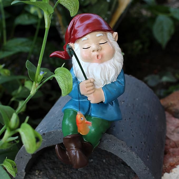 Garden Gnome Mini Sitter Statue, Fishing Gnome Garden Statue, Funny Outdoor Garden Decoration Micro Landscape Ornaments for Patio Yard Lawn