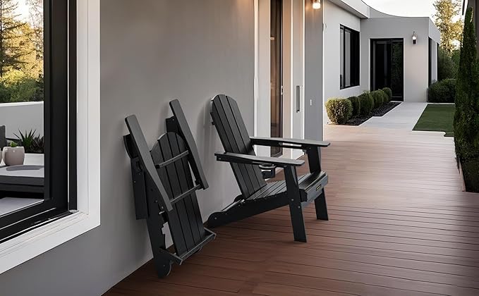 Folding Adirondack Chair Set of 4, Wooden Textured Plastic Adirondack Chairs with 2 Cup Holder, Weather Resistant HDPE Fire Pit Chair, Outdoor Patio Chairs for Garden, Backyard, Lawn, Deck, Black