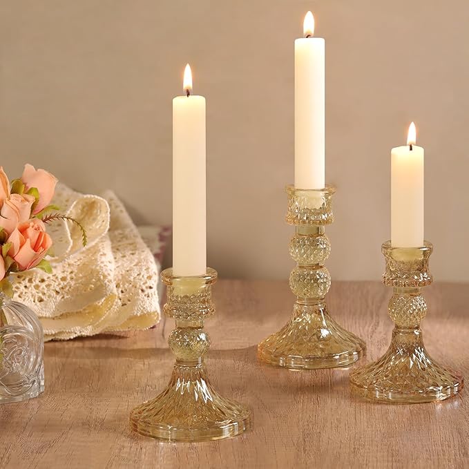 DARJEN Gold Glass Candlestick Holders Set of 6, 4" H & 5" H Taper Candle Holders for Candlesticks & Pillar Candles, Diamond Candle Holders for Wedding Party Table Centerpiece, Home Decor