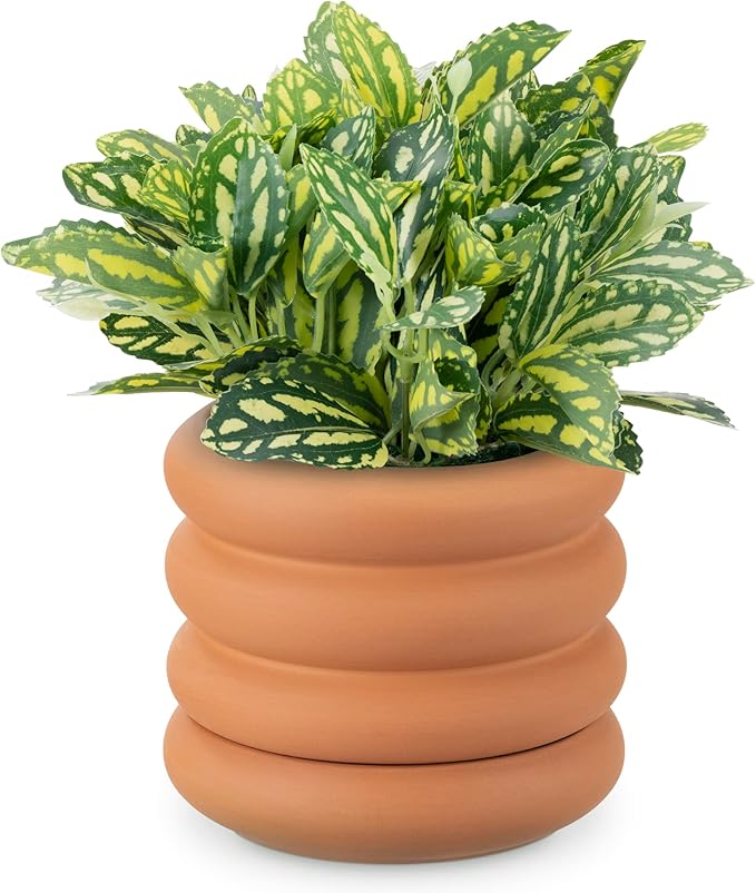 Navaris Ripple Terracotta Outdoor Plant Pot - Ribbed Design, Modern Style with Removable Base Drainage