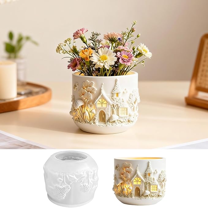 Fairy House Flower Pot Silicone Resin Mold, Epoxy Resin Casting Planter Pot Molds, Candle Holder Mold, Pen Holder Jewelry Container Vessels Mould, Concrete Cement Clay Plaster Mold for Home Decor