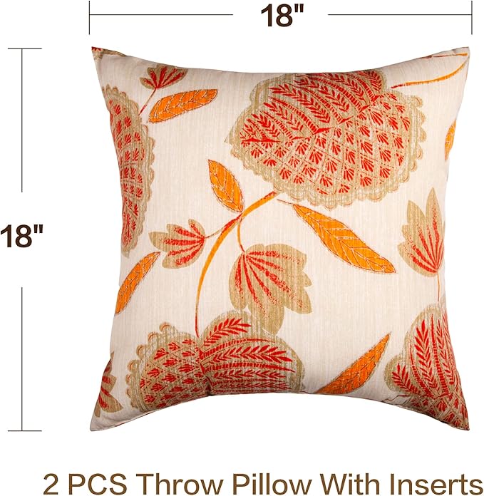 JMGBird Water-Resistant Outdoor Pillows Set of 2, 18x18 inch Durable Beige with Orange Leaf Pattern Throw Pillows with Inserts for Patio Furniture