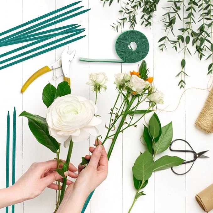 30Pcs 16 Inch Green Bamboo Garden Stakes, Wooden Plant Support Sticks with Garden Ties and Nylon Plant Tie Strap